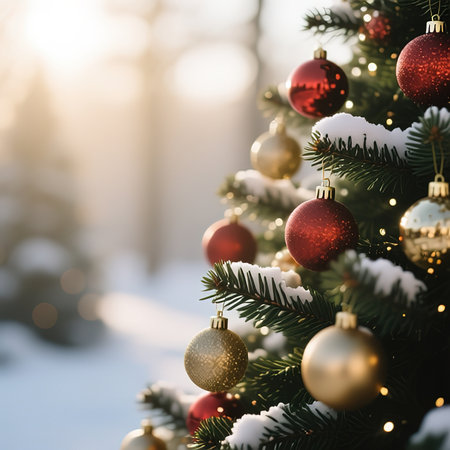 Festive Christmas or New Year Background. Christmas tree branches with holly berries, confetti and xmas balls. Holiday's Background. illustration.created with the help of artificial intelligence.の素材