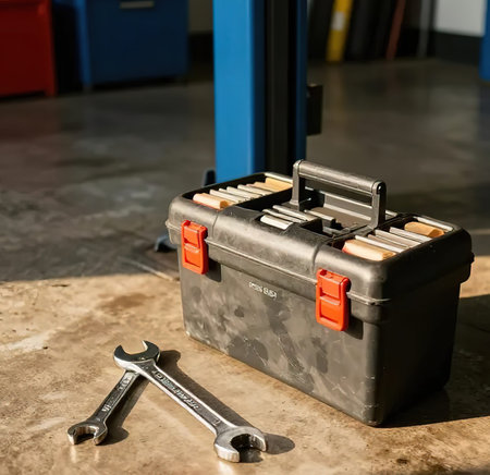 a toolbox and wrenches on the floor of the service station.A toolbox with many different tools including pliers, wrenches, and screwdrivers. The tools are organized in a way that makes it easy to find what you need.Workshop scene.created with the help of artificial intelligence.の素材