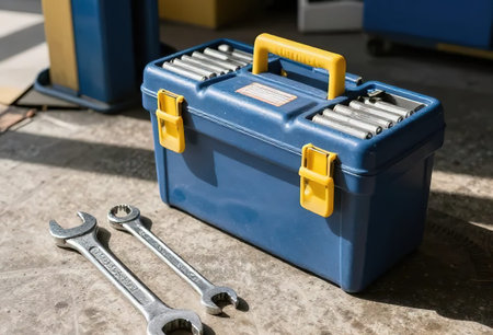 a toolbox and wrenches on the floor of the service station.A toolbox with many different tools including pliers, wrenches, and screwdrivers. The tools are organized in a way that makes it easy to find what you need.Workshop scene.created with the help of artificial intelligence.の素材