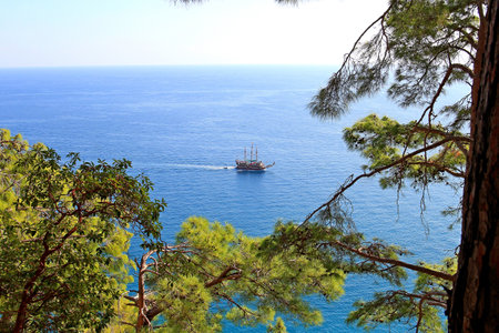 tourist ship in the waters of the Mediterraneanの写真素材