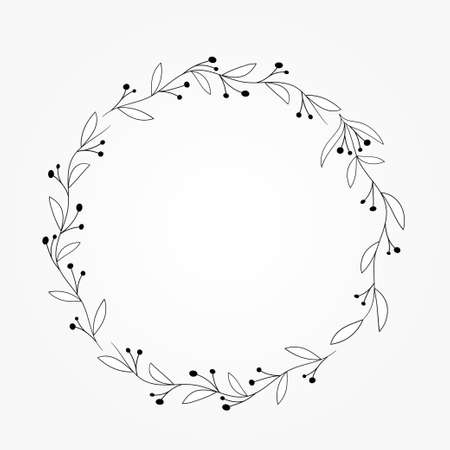 circle floral botanical wreath black white color design isolatedのイラスト素材