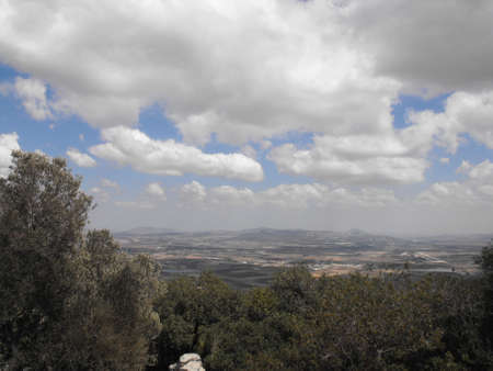 A landscape with trees and clouds on the skyの写真素材