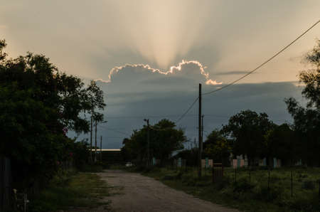 dirt road surrounded by green leaves and beautiful nature, background of a cloudy blue sky, road of happiness conceptの写真素材