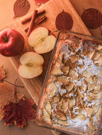Delicious apple pie on a wooden boardの写真素材