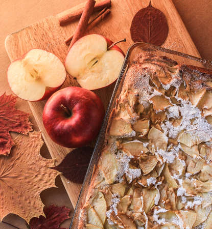 Delicious apple pie on a wooden boardの写真素材