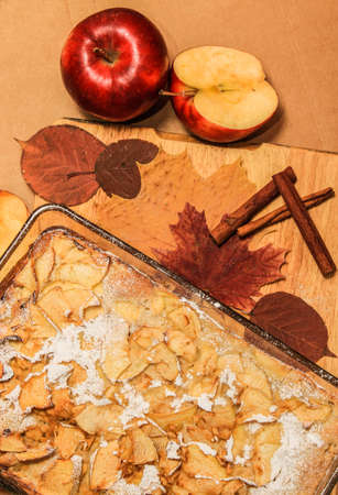 Delicious apple pie on a wooden boardの写真素材