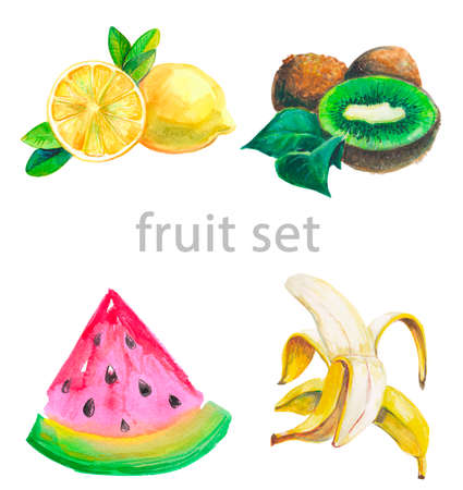 fruity summer watercolor set. lemon, kiwi, banana, watermelonの写真素材