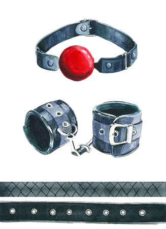 gag with red ball on white background, leather handcuffs, setの写真素材