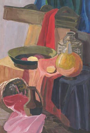 Still life in Russian style, a hut with objects of life, artの写真素材