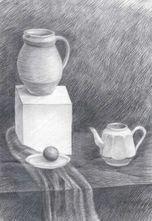 Black and white illustration of kitchen objects, pencil drawingの写真素材