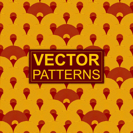 Seamless Chinese fan pattern with red and yellow elements. Vector illustration.のイラスト素材