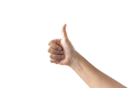 Beautiful woman's hand  thumbs up high.  isolated on white background