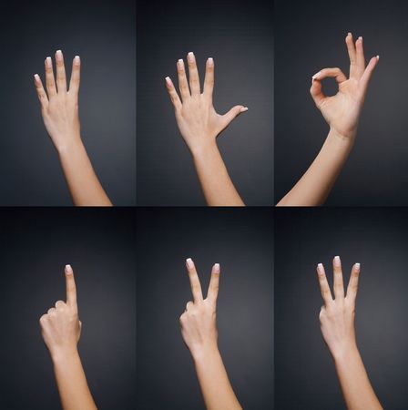 Counting woman hands (0 to 5) on black backgroundの写真素材