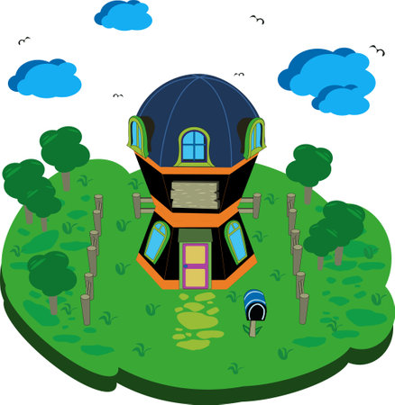Vector house, cabin, imaginary accommodation on green grass and green trees surrounding.のイラスト素材