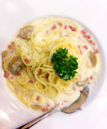 Spaghetti with hams, mushroom and cheese sauce is decorated with parsley leaves that is in white dish with silver spoon.の写真素材