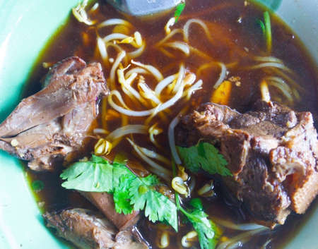 Noodles in soup, steamed duck with Chinese medicine and side dishes with sprouts and coriander.の写真素材