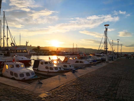 The harbor in Cannakale, Turkey-March 31, 2018: Many speedboats and yachts are neatly  moored in the small habor. Selective focus and copyspace.のeditorial素材