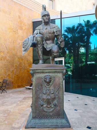 Ancient warrior statue, Turkey-April 1, 2018. Ancient warrior statue as decorations, which is located in front of the hotel in Kusadasi. Selective focus and copyspace.のeditorial素材