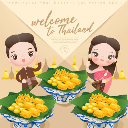 Boy and Girl Wearing Thai Dress with Traditional Thai Dessertのイラスト素材