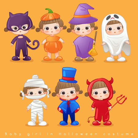 Baby Girl in Halloween Costumes : Vector Illustrationのイラスト素材