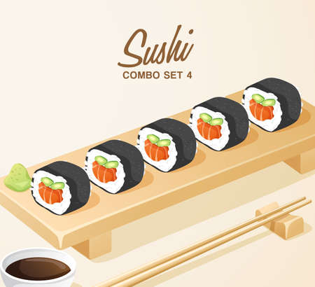 Set of Japanese Food .Mixed Sushi Set on Wooden Plate. Vector Illustrationのイラスト素材