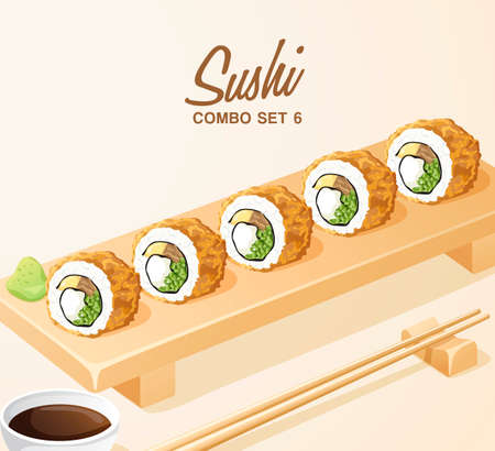 Set of Japanese Food : Mixed Sushi Set on Wooden Plate, Vector Illustrationのイラスト素材