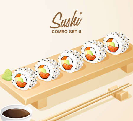 Set of Japanese Food : Mixed Sushi Set on Wooden Plate. Vector Illustrationのイラスト素材