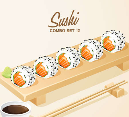 Set of Japanese Food . Mixed Sushi Set on Wooden Plate . Vector Illustrationのイラスト素材