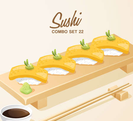 Set of Japanese Food . Mixed Sushi Set on Wooden Plate . Vector Illustrationのイラスト素材