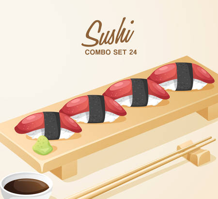 Set of Japanese Food . Mixed Sushi Set on Wooden Plate . Vector Illustrationのイラスト素材