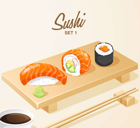 Set of Japanese Food . Mixed Sushi Set on Wooden Plate . Vector Illustrationのイラスト素材
