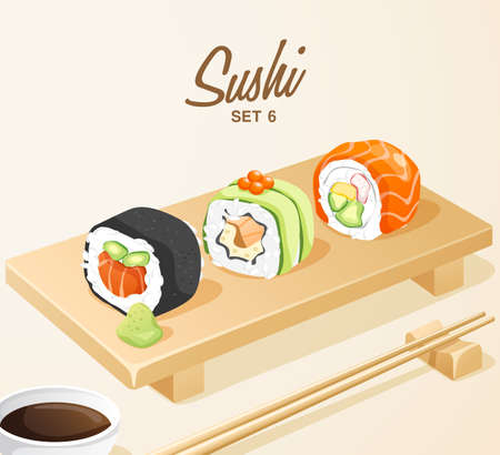 Set of Japanese Food . Mixed Sushi Set on Wooden Plate . Vector Illustrationのイラスト素材