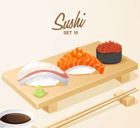 Set of Japanese Food . Mixed Sushi Set on Wooden Plate . Vector Illustrationのイラスト素材