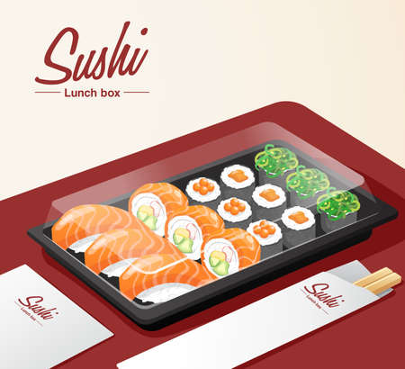 Takeaway sushi set with tray, chopsticks and napkin on red table . Vector Illustrationのイラスト素材