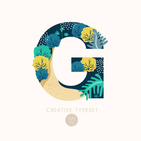 Uppercase alphabet letters with bushes, leaves and botanical elements isolated on background : Vector Illustrationのイラスト素材