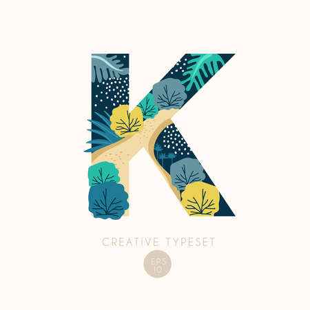 Uppercase alphabet letters with bushes, leaves and botanical elements isolated on background : Vector Illustrationのイラスト素材