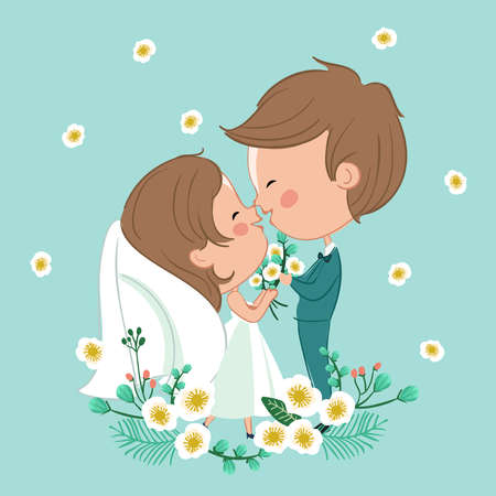 Bride and groom isolated on blue background : Vector Illustrationのイラスト素材
