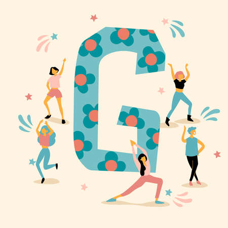 Uppercase letter with young men and women dancing together : Vector Illustrationのイラスト素材