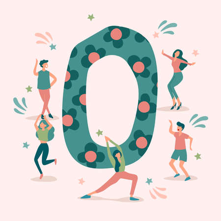 Uppercase letter with young men and women dancing together : Vector Illustration