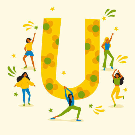 Uppercase letter with young men and women dancing together : Vector Illustrationのイラスト素材