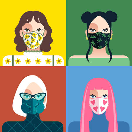 Set of trendy women wearing stylish surgical mask : Vector Illustrationのイラスト素材
