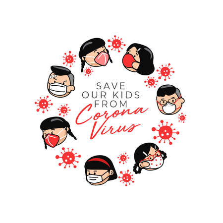 Boys and girls wearing surgical mask isolated on white background : Vector illustrationのイラスト素材