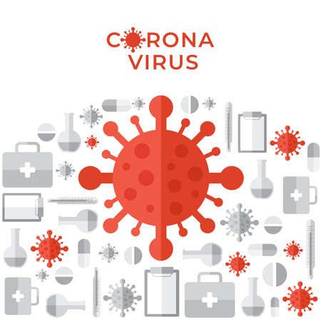 Flat icons of Coronavirus with medical equipments isolated on white background : Vector Illustrationのイラスト素材