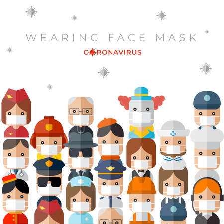 Set of different professions in Coronavirus pandemic situation isolated on white background : Vector Illustrationのイラスト素材