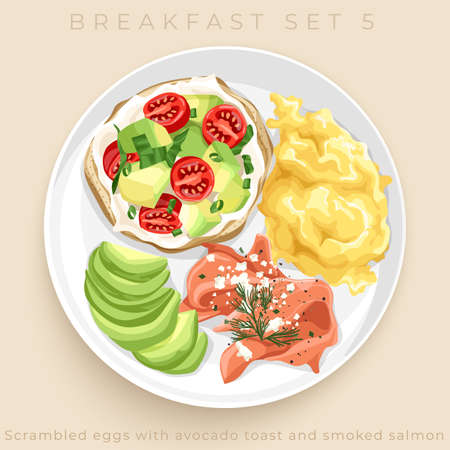 Top view of delicious breakfast set isolated on beige background : Vector Illustrationのイラスト素材