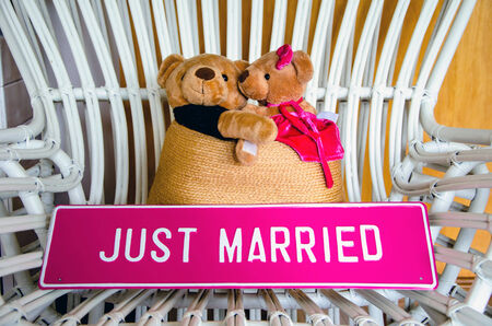 Lovely Couple Bears and JUST MARRIED Signの写真素材