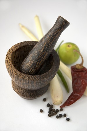 mortar pestle with Thai spicesの写真素材