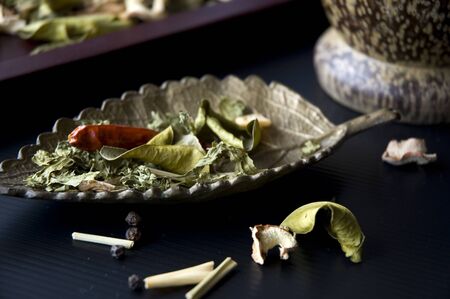 close up dried herbs and spicesの写真素材