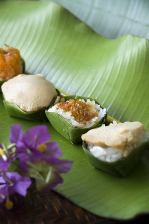 Thai traditional dessert set on banana leafの写真素材