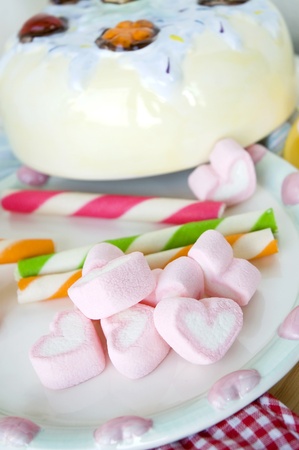pink heart marshmallow and colorful wafer stickの写真素材